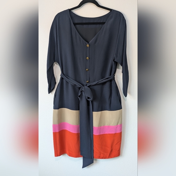 Eliza J NEW  100 % Silk Colorblock Crepe De Chine Navy Dress Belt Sz10 Knee Leng - Picture 4 of 13